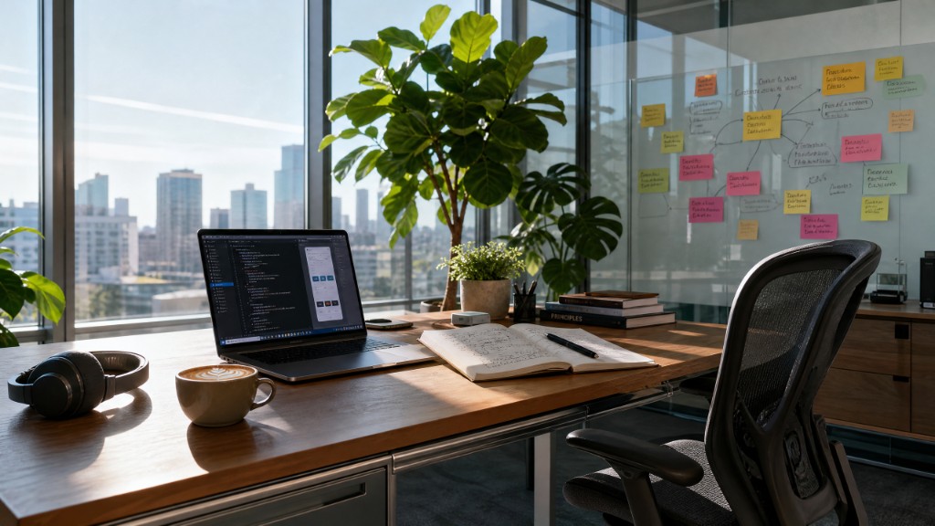 A sunlit desk at the DeepJoy office with a laptop, notebook, and planning notes on the glass wall