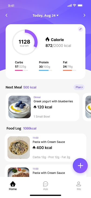 Calite home screen with the day's calories and macros