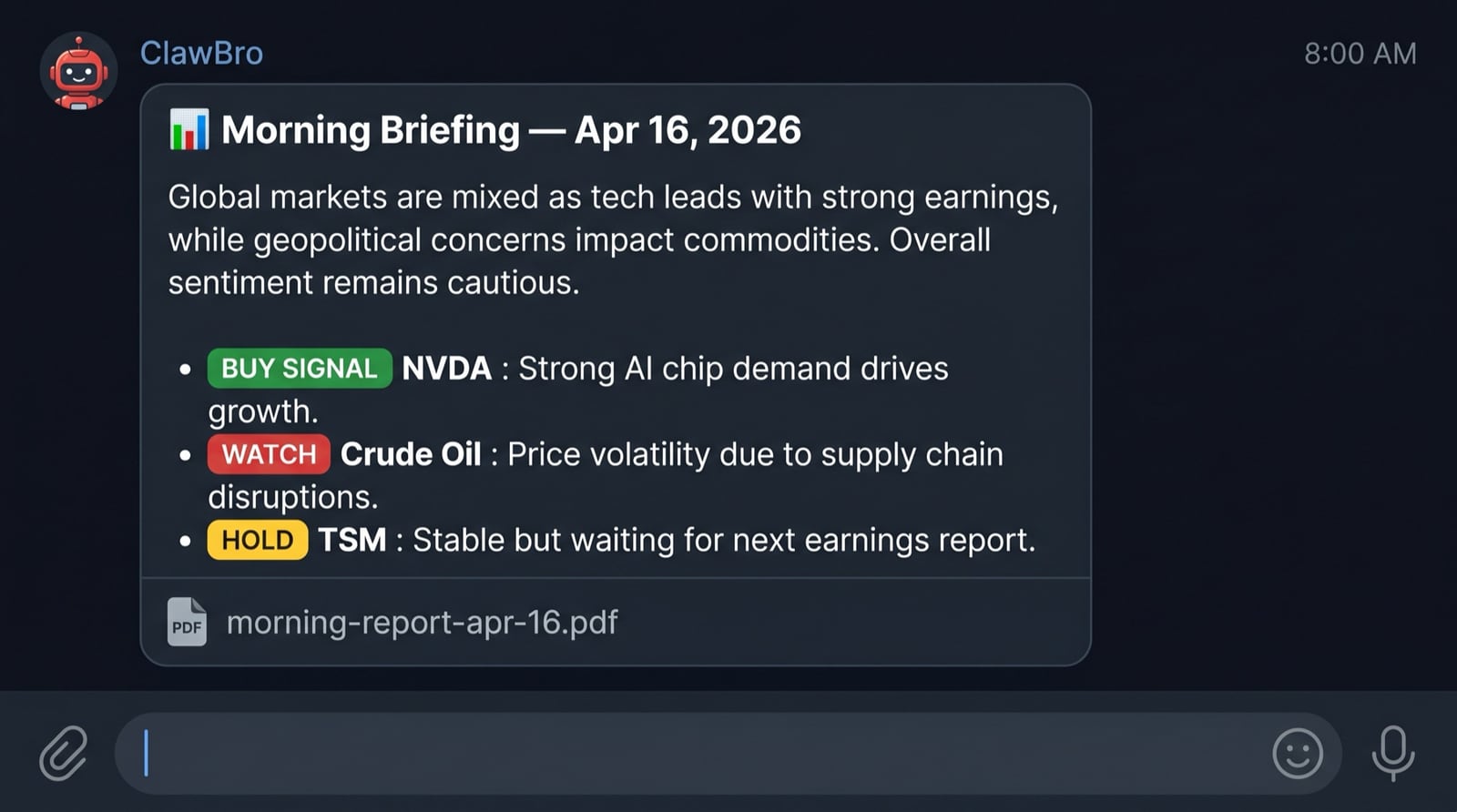 A ClawBro morning briefing delivered in a chat, with market signals and a PDF report attached