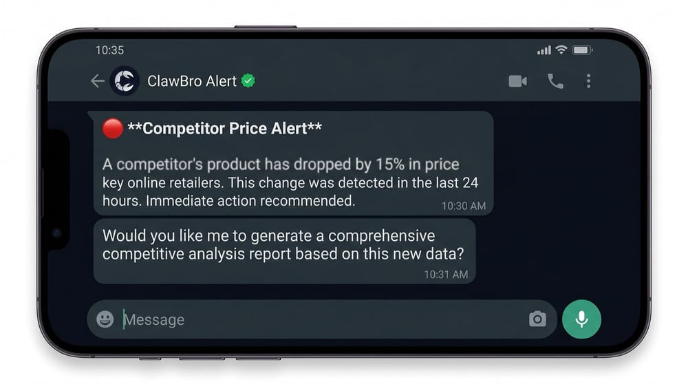 A competitor price alert from ClawBro on WhatsApp
