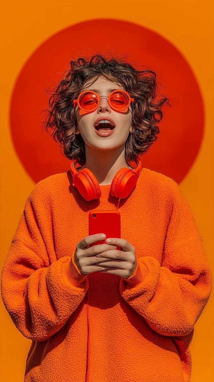 Portrait in orange with headphones, generated with DeeVid